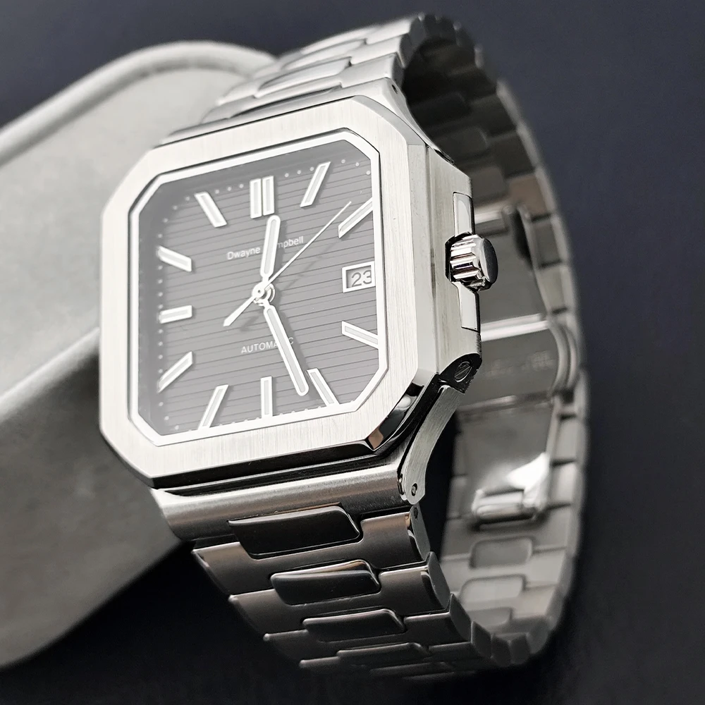 Часы для мужчин Dwayne Campbell Автоматические часы с сапфировым стеклом из нержавеющей стали с квадратным корпусом Зеленые светящиеся водонепроницаемые наручные часы