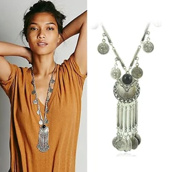 Trendy Bohemian Long Necklace For Women Vintage Ethnic Gypsy Boho Beach Antique Silver Color Necklace Coin Tassel Turkey Jewelry