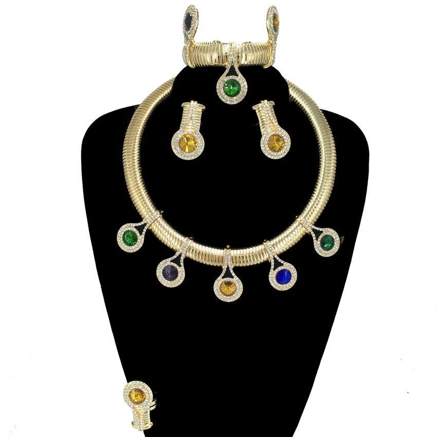 

Women Jewelry Set Necklace Gorgeous Colorful Stone Simple Earring Bracelet Luxury Wedding Banquet FHK15104