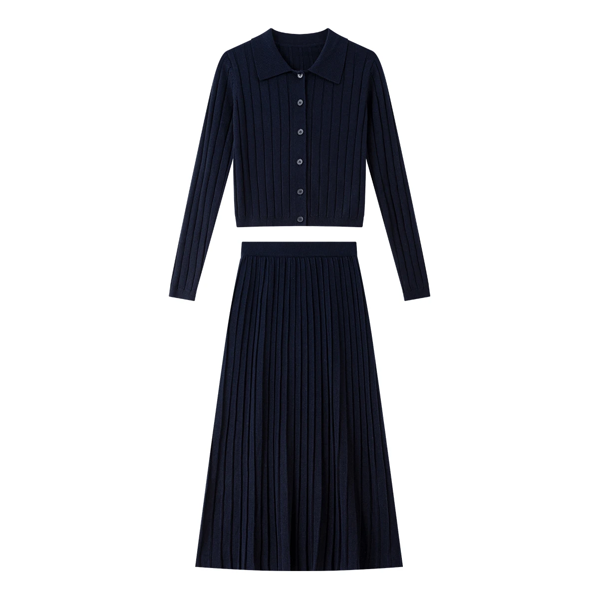 VIMLY Women Knitted Two Piece Skirt Set Holiday Elegant Fall 2025 Polo Neck Tops Midi Draped Skirts New in Matching Sets 75132