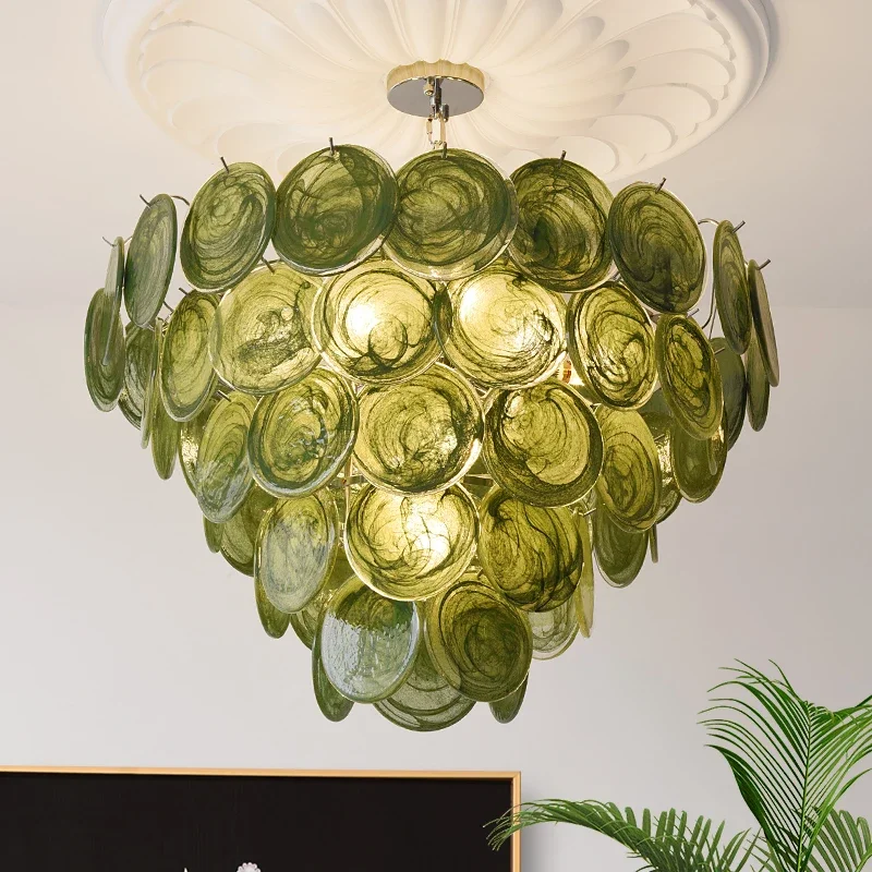 

French Vintage Glass Chandelier Murano Dark Green Crystal Pendant Light for Living Room Bedroom Dining Room Decor Hanging Lamp