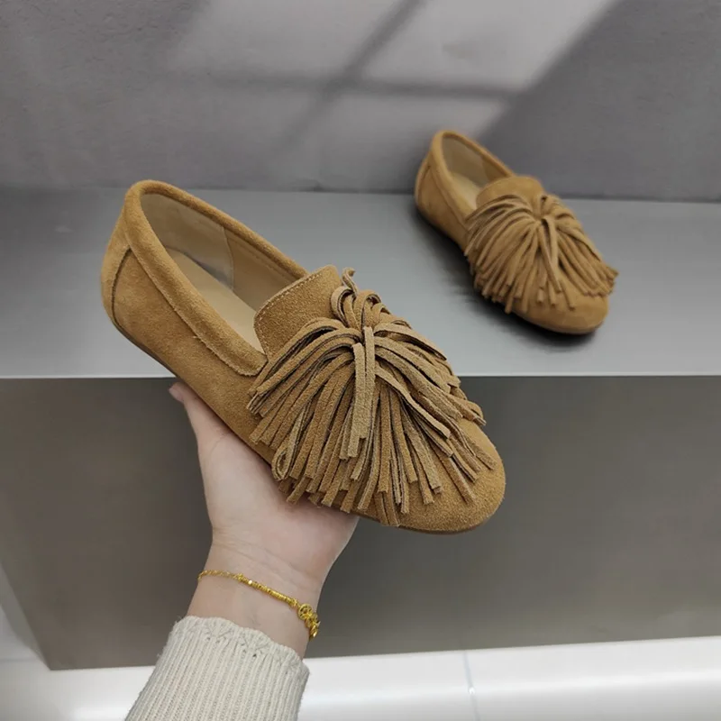 

Женские туфли на плоской подошве, женские туфли из натуральной кожи, новинка 2025, женские лоферы с кисточками, балетки Мэри Джейн большого размера для женщин