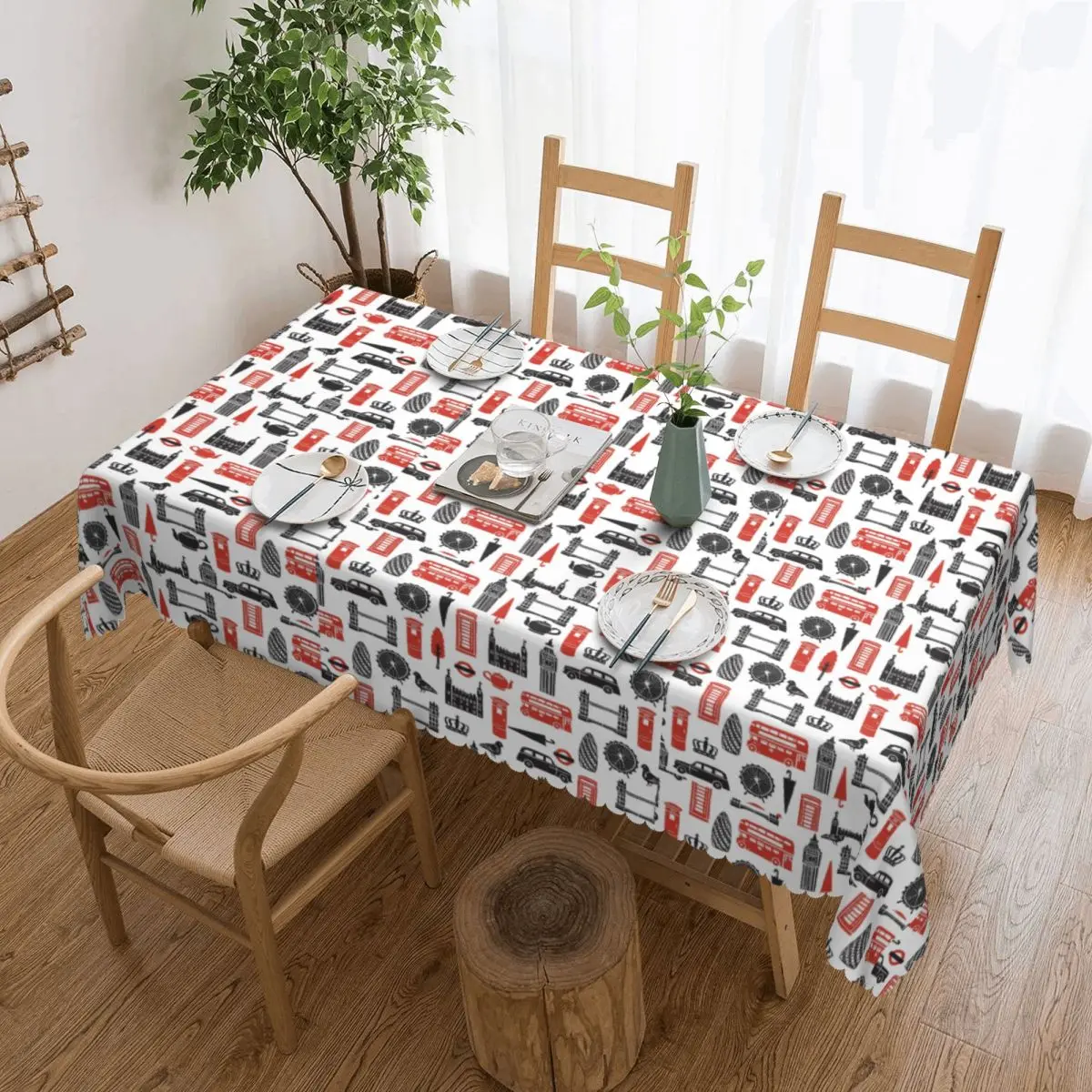 

Rectangular Oilproof British London Symbol Table Cover Red Bus Telephone Booth Big Ben Table Cloth Tablecloth for Picnic