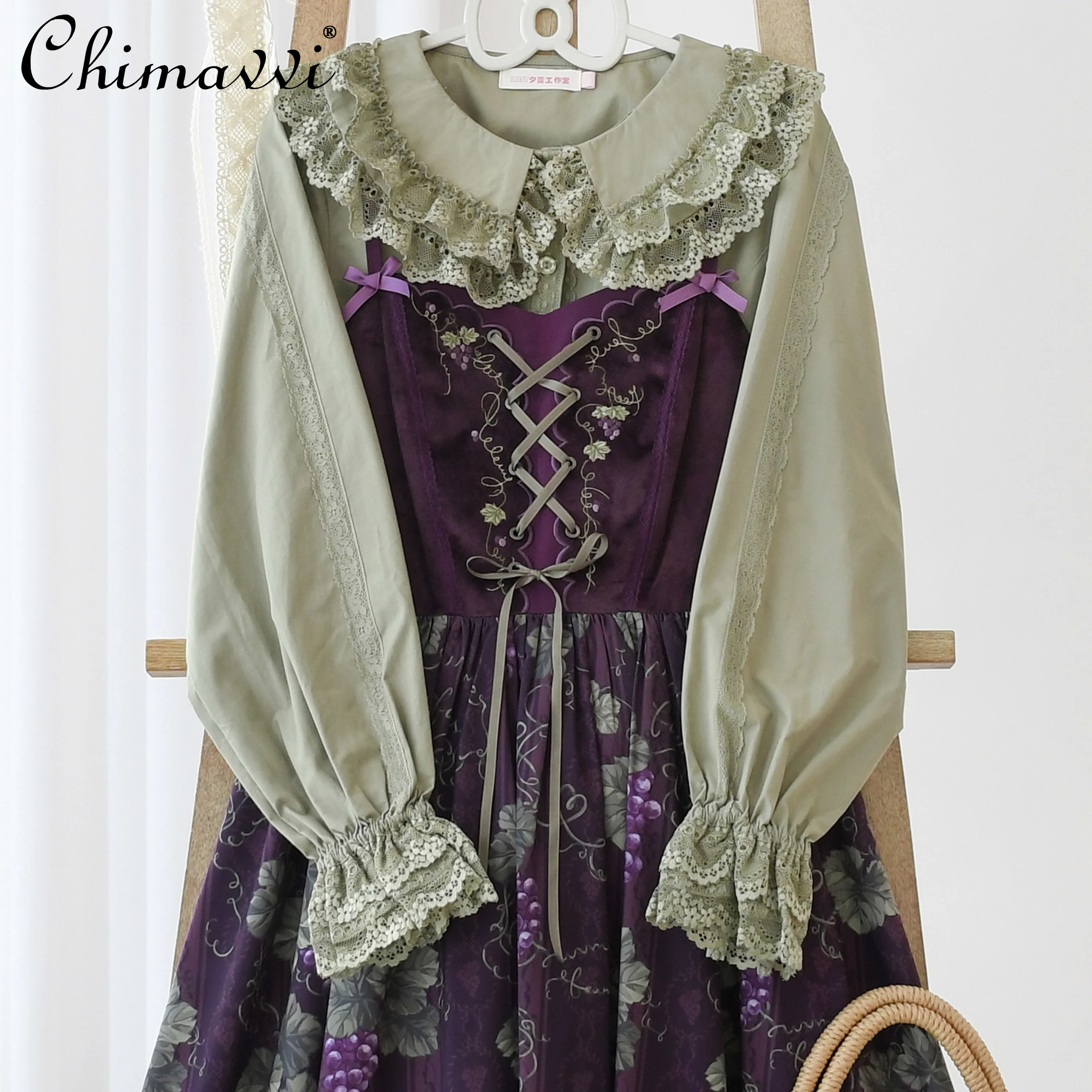 Lolita Style Inner Bubble Sleeve Lapel Cute Lace Shirt Autumn New Fashion Sweet Girl Student Loose Retro Blouse Women Y2k Top