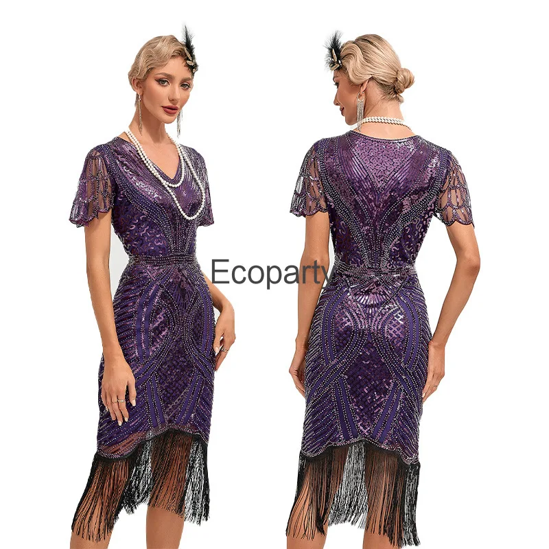 Neue 1920er Jahre Vintage Flapper Kleid große Gatsby Party Kleider elegante V-Ausschnitt Perlen Fransen Quasten Cocktail Prom Hochzeits kostüme