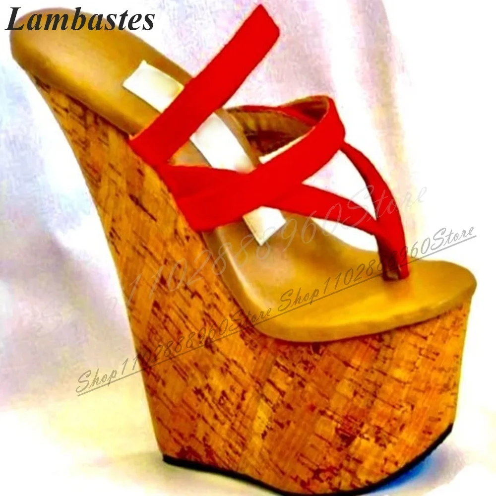 

Red Narrow Flock Strap Platform Flip Flops Wedges High Heel Shoes For Women Slip On Open Toe 2024 Fashionable Zapatillas Mujer