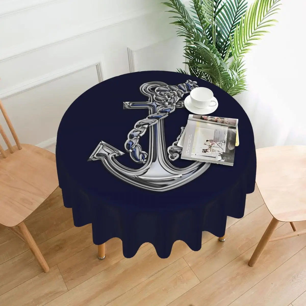 Chrome Style Nautical Rope Anchor Applique Waterproof Round Tablecloth Oilproof Table Cloth for Kitchen Event Dining Table Cover