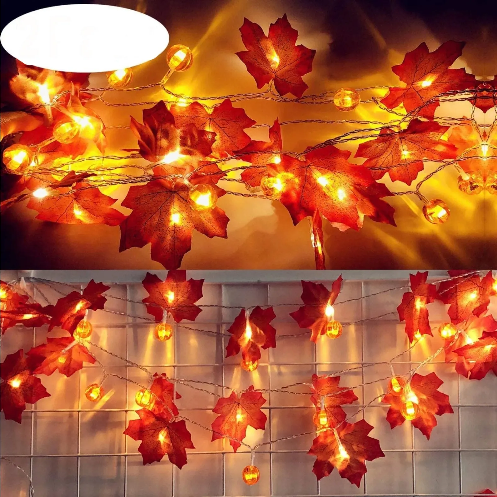 2PCS Artificial Autumn Maple Leaves Garland Led Fairy Lights for Christmas Decoration Thanksgiving Party DIY Decor Halloween