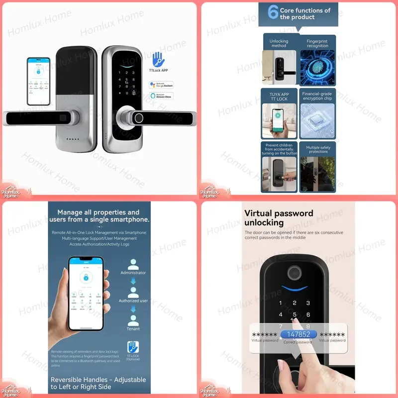 Smart Digital Door Lock with Fingerprint Password WiFi Bluetooth App Control Tuya TTLock Compatible Keyless Entry Electronic
