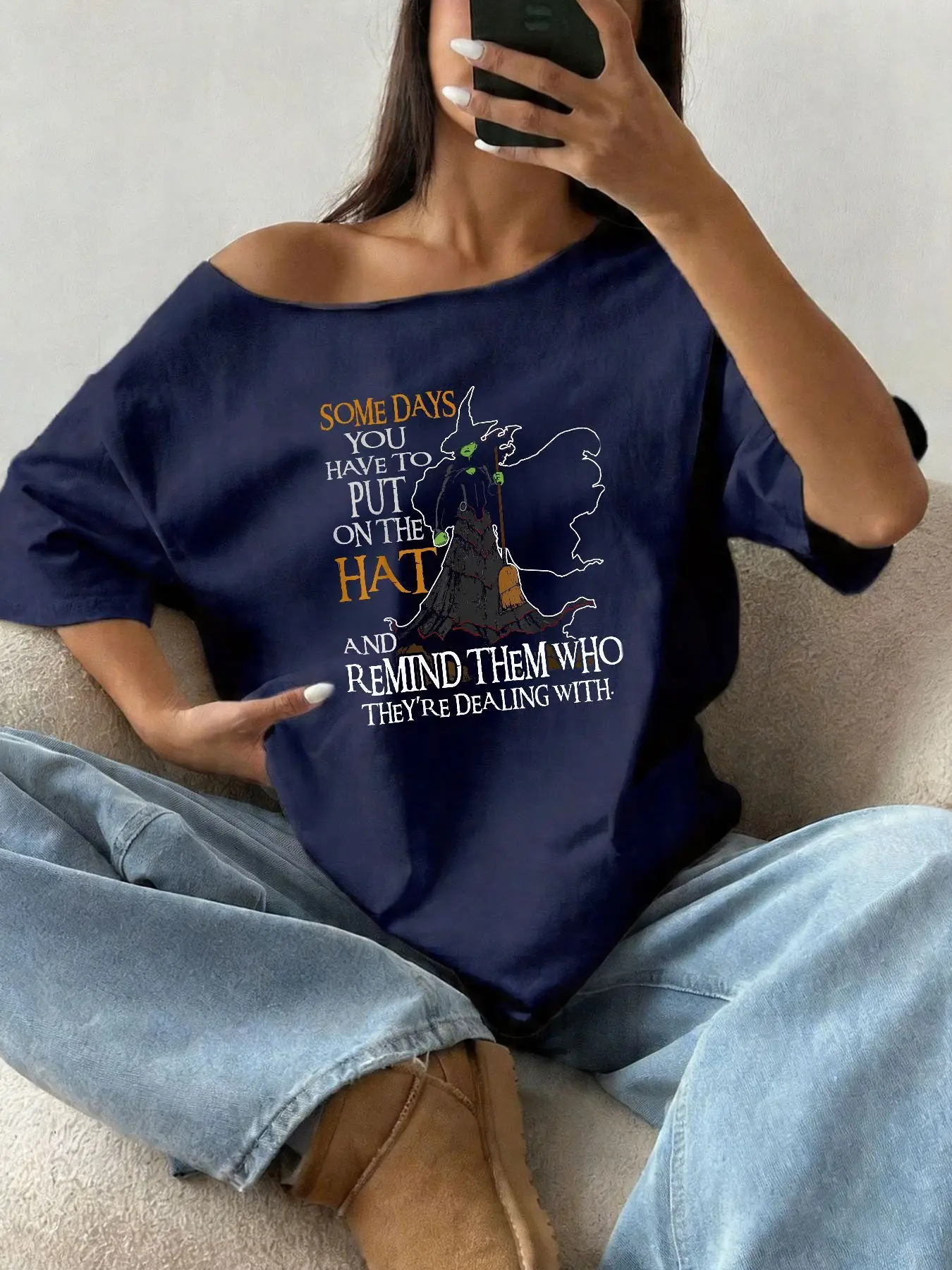 100% Cotton Plus Size Halloween Witch Graphic Print Shoulder Loose Print T-Shirt Oversized Y2K Style Graphic Tees Women Tops view 4