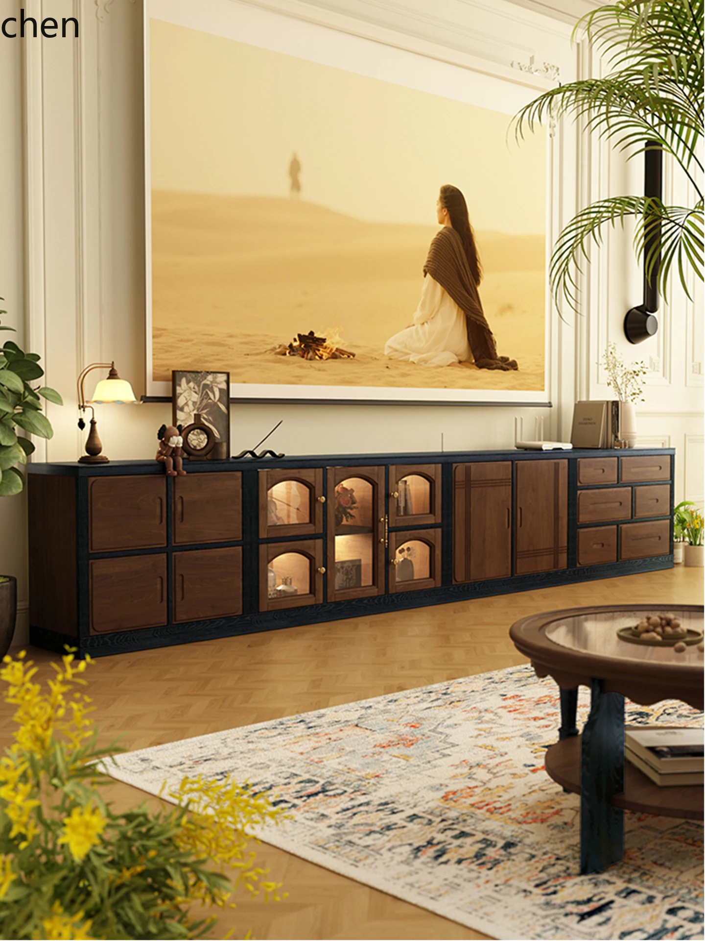 HT Vintage Style Red Oak Floor TV Cabinet Home Display Module Combination Living Room Storage Display Cabinet