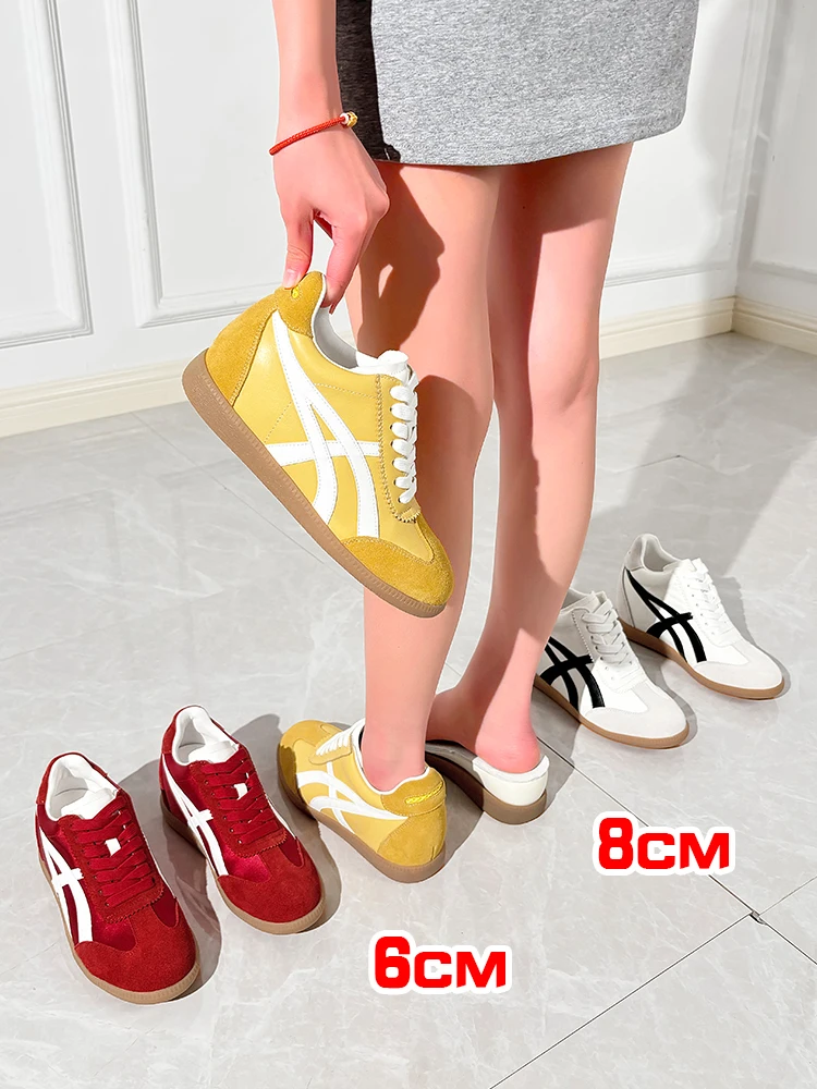 8 سنتيمتر النساء الارتفاع زيادة أحذية جلد طبيعي المدربين الجيش الألماني 6 سنتيمتر منصة مصعد أحذية رياضية جودة عالية