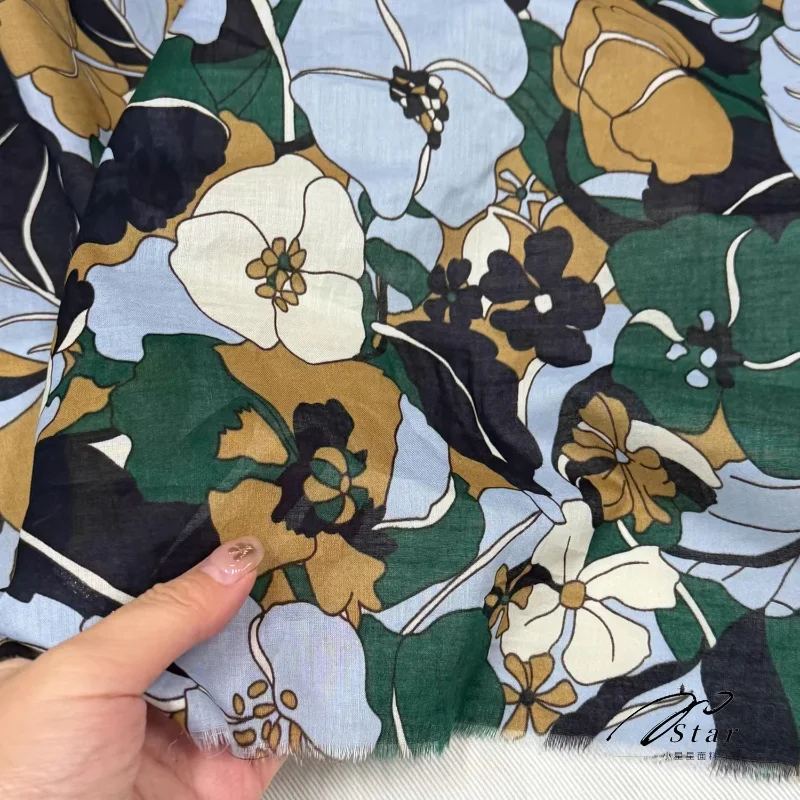 Long Staple Cotton Green Floral Print Lightweight Fabric Shirt Dress Summer Cool Breathable Soft Textured DIY Craft Material