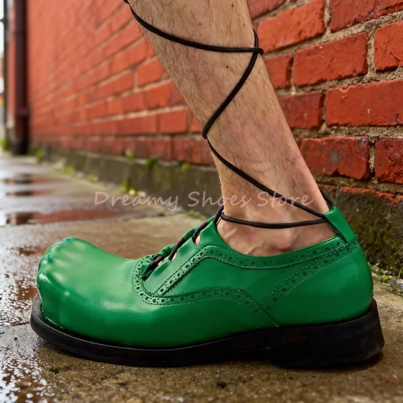 

Men's Green Leather Lace Up Low Heel Oxford Shoes Round Toe Cross Strap Hollow Loafers Fashion Luxury Street Style Casual Shoes