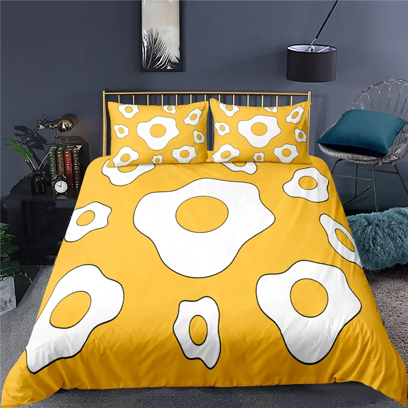 Luxury 3D Cartoon Fried Egg Print 3Pcs Kids Bedding Sets Comfortable Duvet Cover Pillowcase Home Textile Queen and King Size