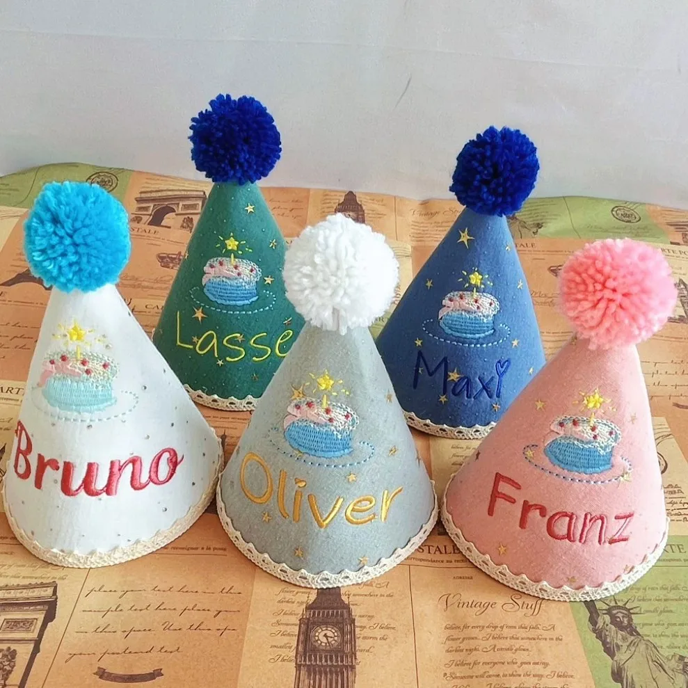 

Вышитая праздничная шапочка для малышей с именем на день рождения, для мальчиков и девочек, детский костюмный головной убор, украшение для юбилейной вечеринки, праздничная кепка