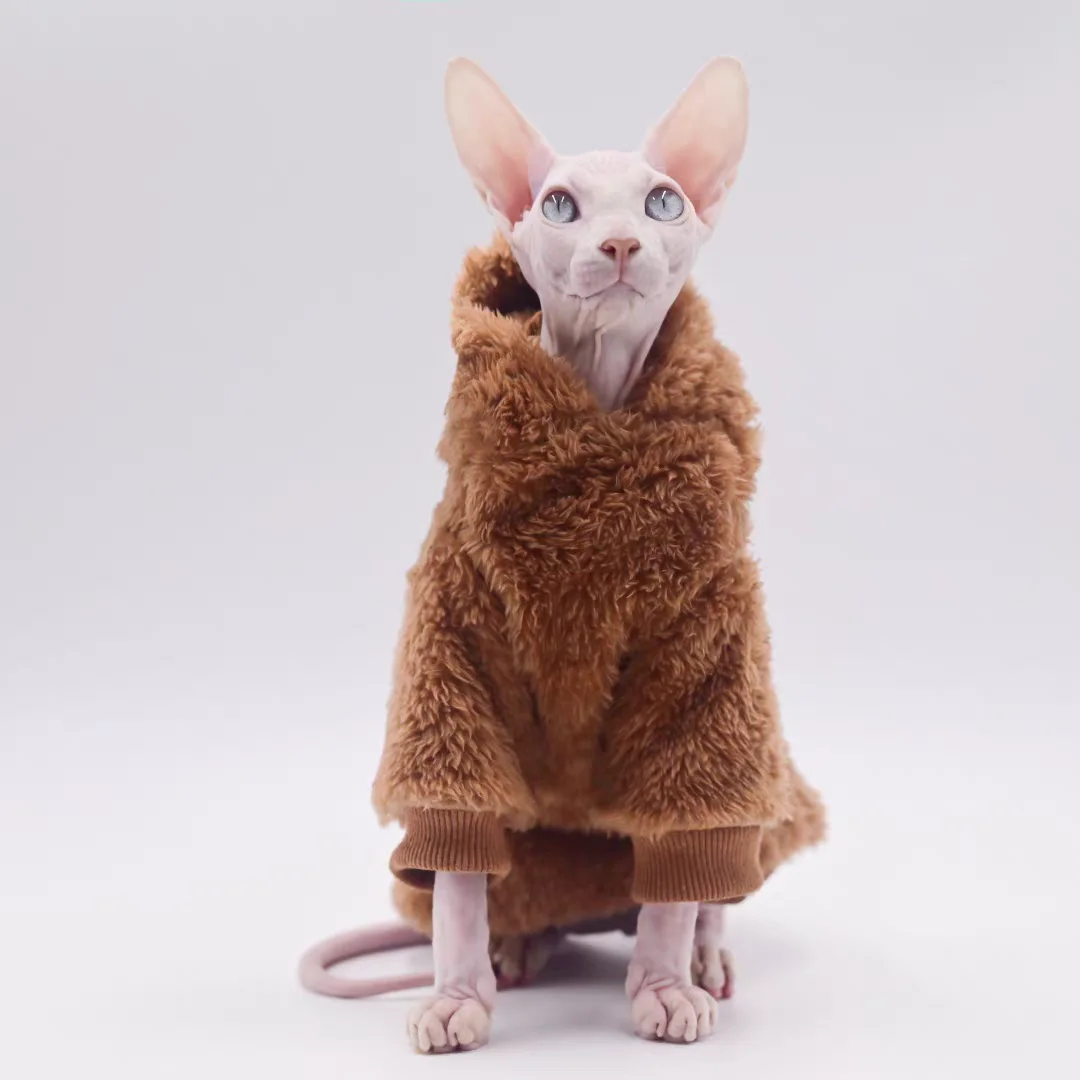 Fashion Hooded Fleece Sweatshirt for Sphynx Cat Winter Clothes for Kittens Warm Khaki Loungewear for Hairless Cat Dogs in Autumn