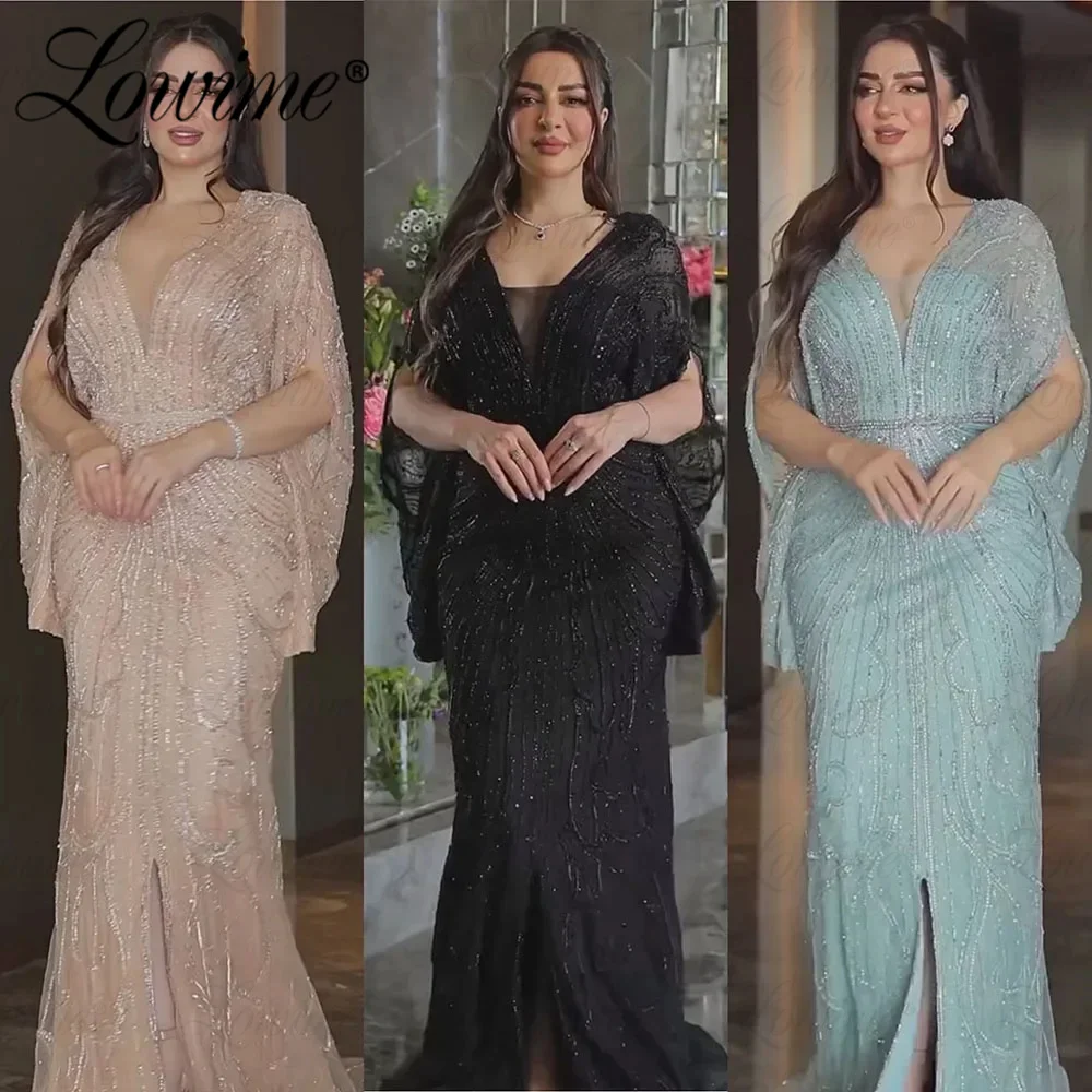 Dubai Arabic Muslim Women Evening Dresses Cape Sleeve Mermaid Party Dress Plus Size Beaded Long Prom Gowns 2024 Customized Robes