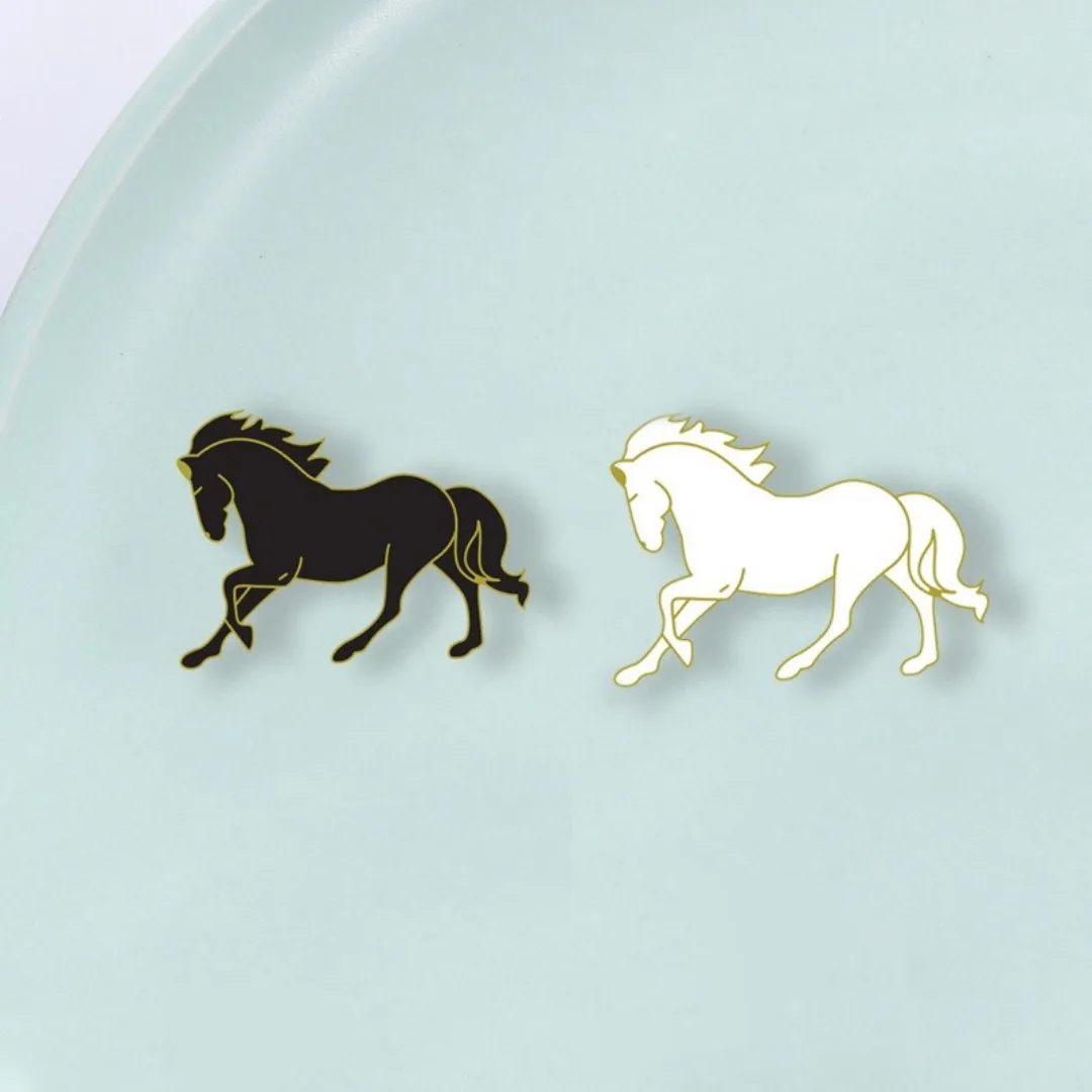 Black White Galloping Horse Enamel Pins 