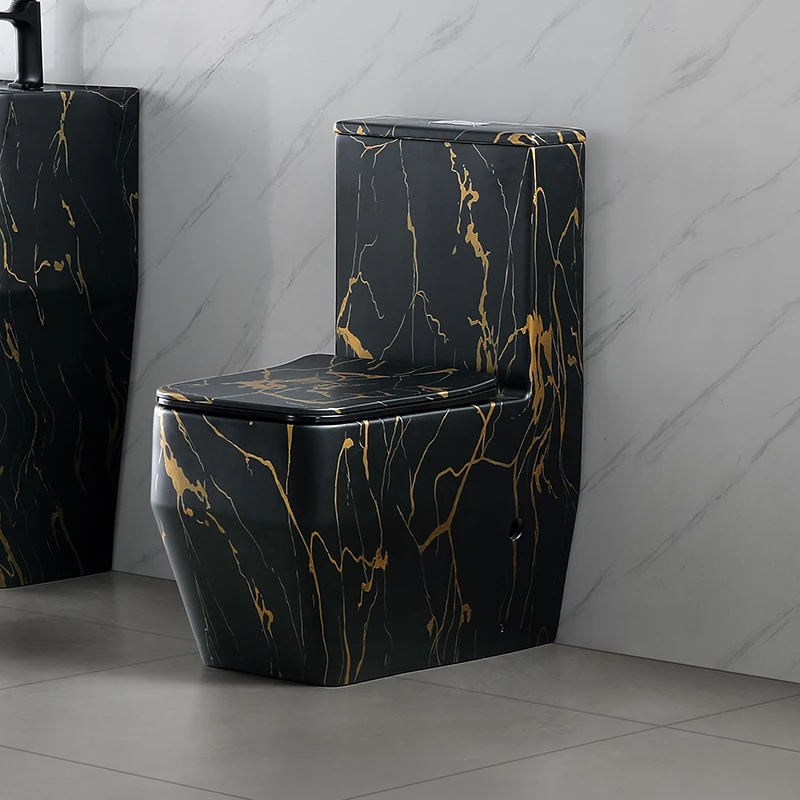 Modern Ceramic Toilet And Sink Set With Floor Mounted Toilet Bowl And Wash Basin Combo Sink Pure Black And Gold