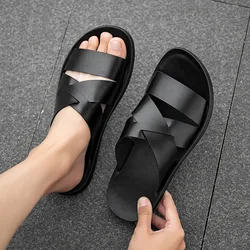 New Men's Summer Fashion Sandals Luxury Leather Shoes Flats Outdoor Beach Flip Flops Men Designer Slipper White Big Size