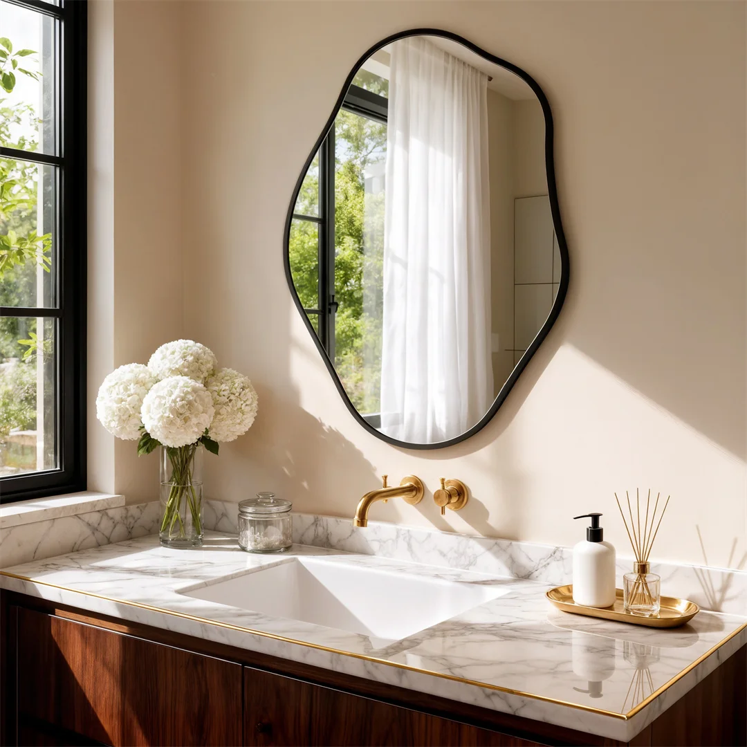 

Modern Decorative Mirror, Irregular Wall Mounted Vanity Mirror,Black Aluminum Frame Dressing Mirror for Home Decor