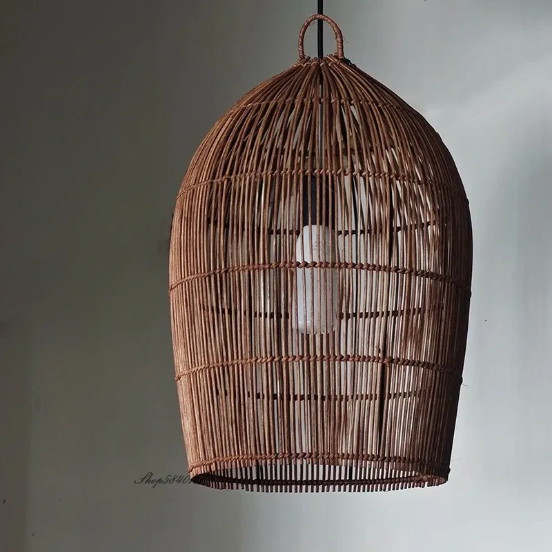 Lámpara colgante de ratán tejida a mano, candelabro de techo japonés Wabi Sabi para restaurante, decoración del hogar, lámpara de suspensión Retro E27