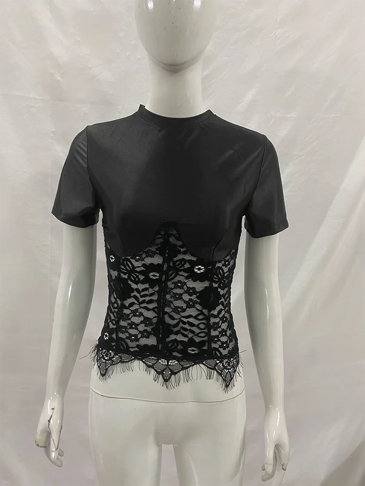 Sexy Lace Patchwork Tops Chic Women's Short Sleeve Black Tight Crop Top T-shirt Summer Female Clothing Tees Brown Black White