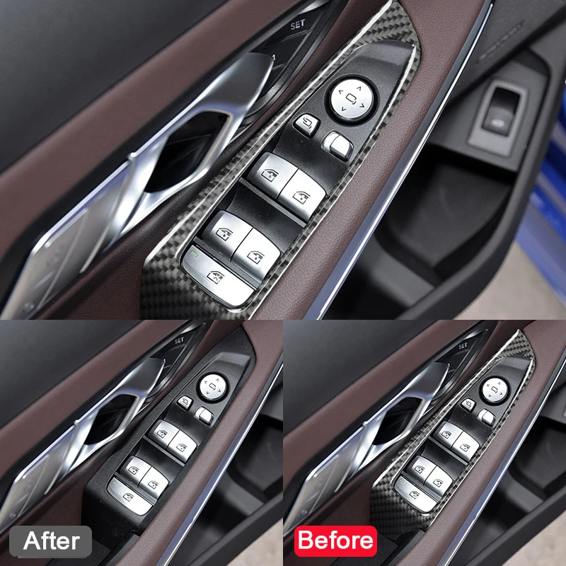 4pcs Car Window Switch Lift Panel Button Frame Trim Decor Stickers For BMW G20 G28 3 Series 2019-2020 Carbon Fiber Accessories