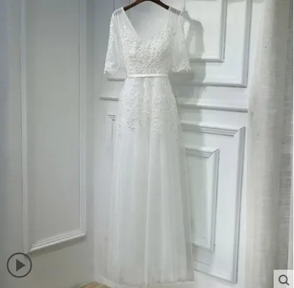 Vestido de novia blanco de media manga para mujer, vestido de noche largo de encaje de tul rojo vino y gris, longitud hasta el suelo, cuentas de princesa, vestido Formal