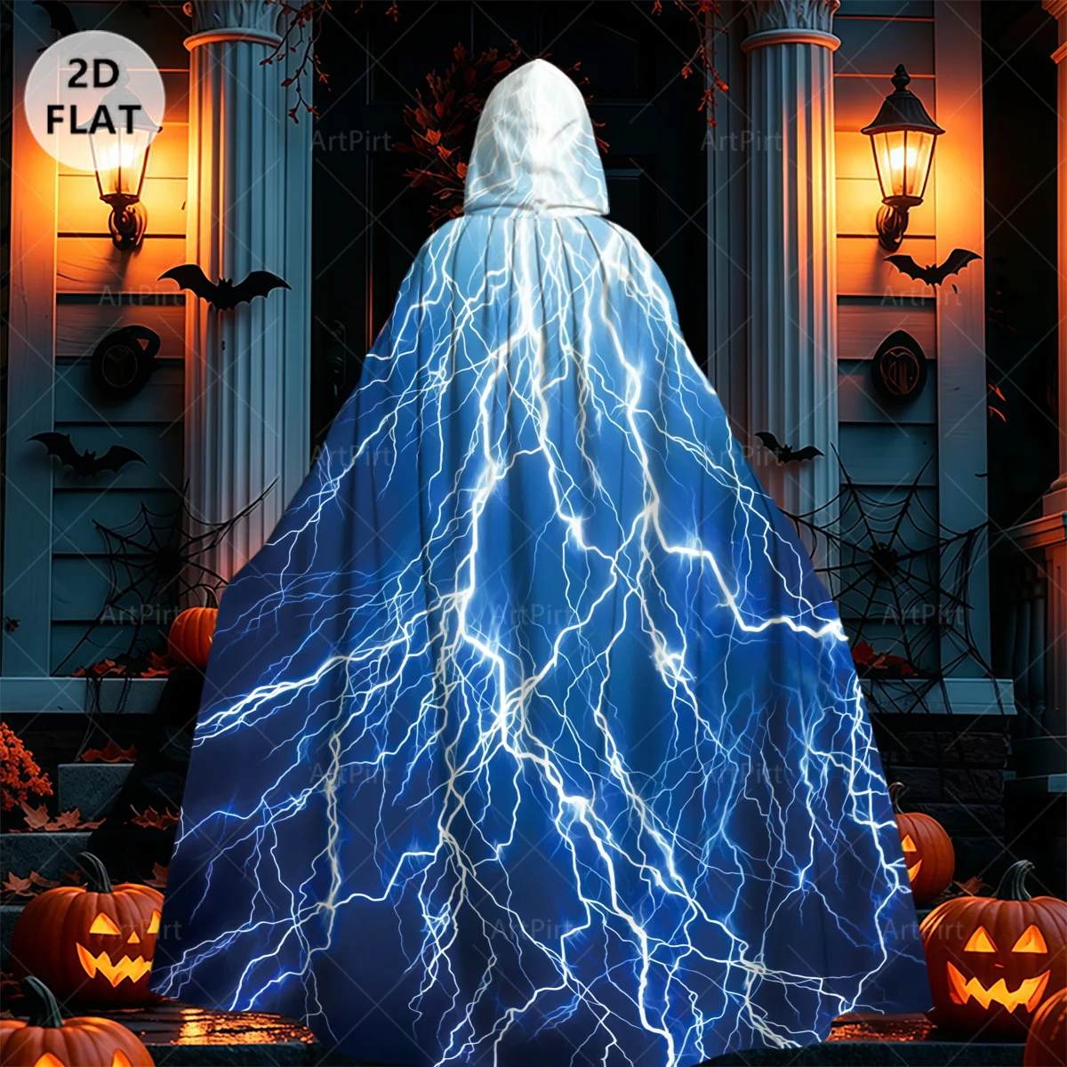 2D Flat 1pc, Deep Blue Background with White Lightning And Light Patterns Cosplay Costume Full-Length Cape Dress