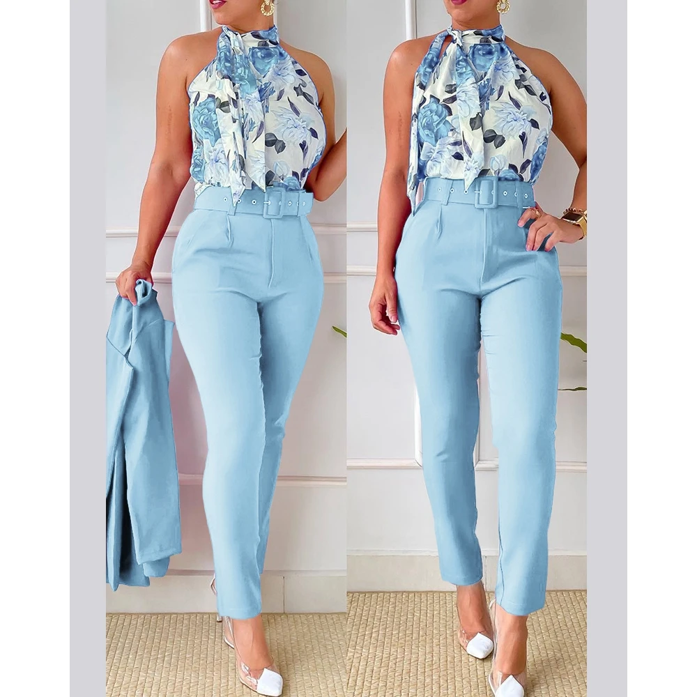 Women's Fashion Casual Set 2023 Spring Cute Fresh Sweet High Waist Pants Set with Belt Blossom Print Halter Tank Top