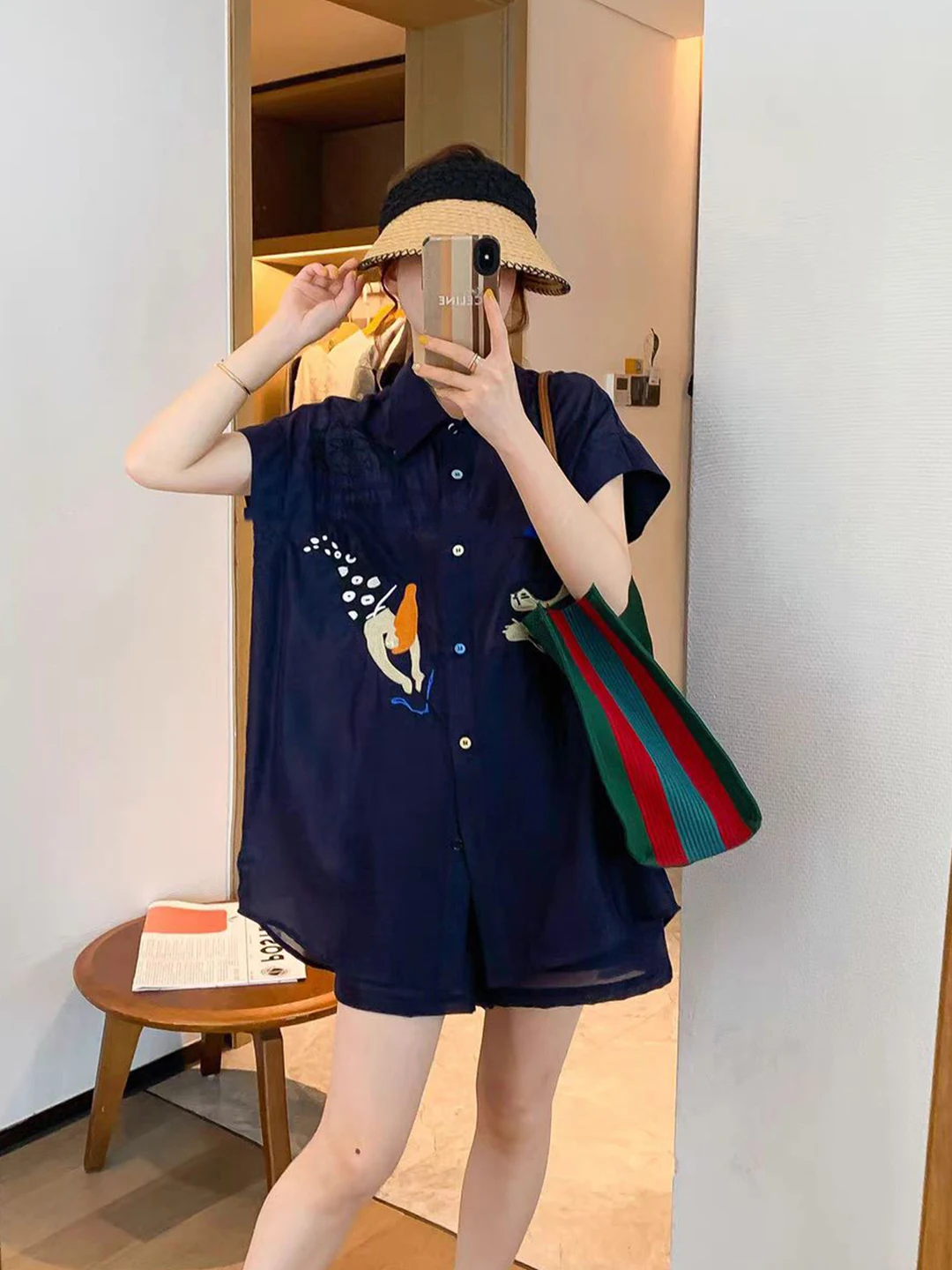 

Fashionable Embroidered Short Sleeve Shirt And Wide Leg Shorts Two Piece Set for Women Summer Age Reducing Heavy Work Casual ...