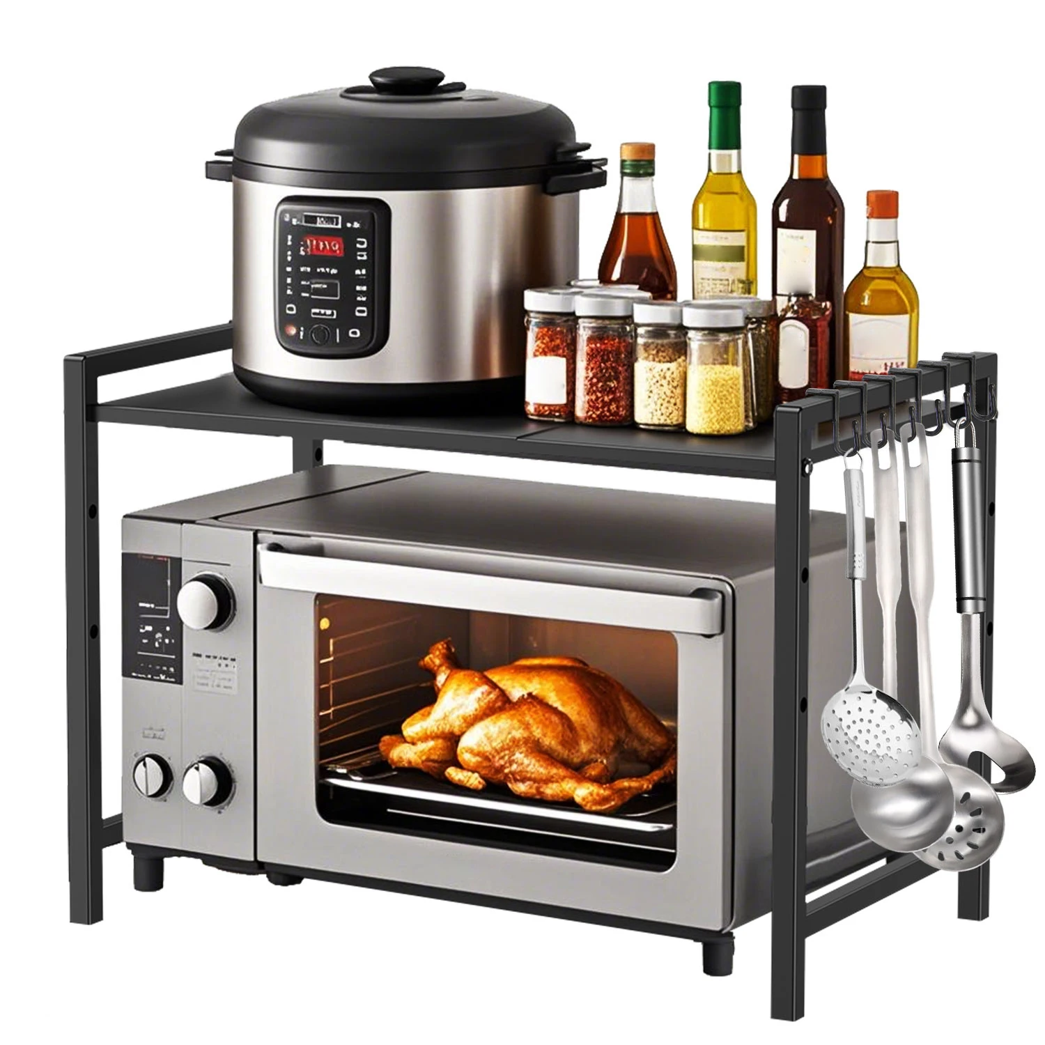 Scaffale regolabile per forno a microonde, ripiano espandibile per la conservazione in cucina, ideale per friggitrice ad aria e tostapane, con ganci, realizzato in acciaio al carbonio resistente alla