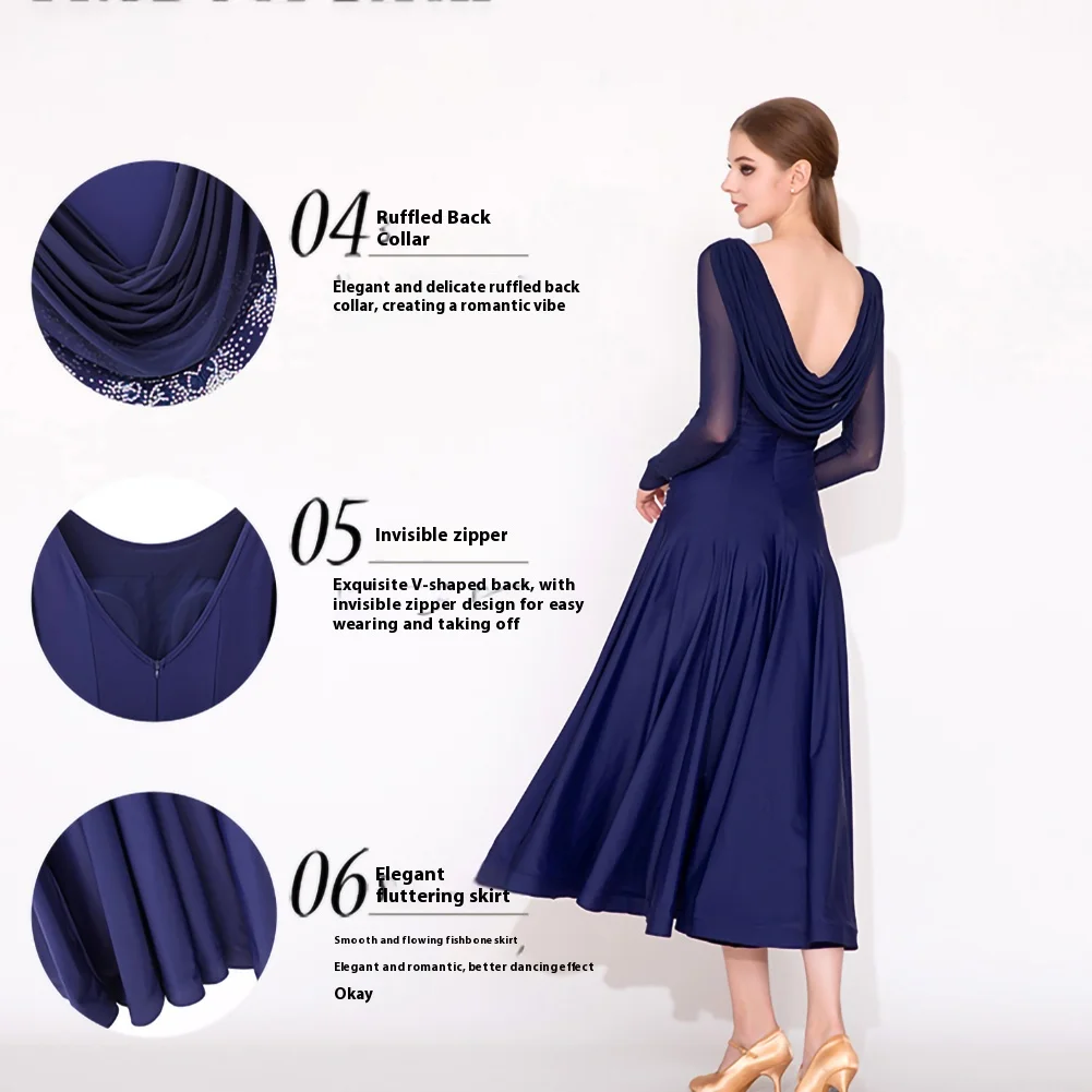 Moderne Tänzerin-Performance-Kostümshow, bestickter Walzer, tibetisches blaues Langarm-Übungskleid, Rundhalsausschnitt, Strasskleid