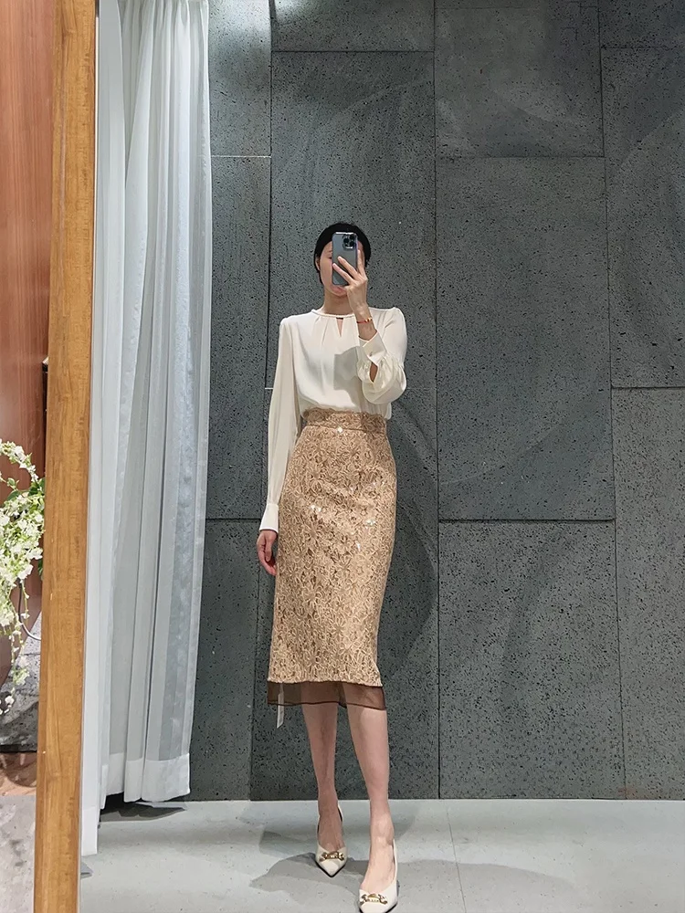 

New High Waist A-Line Commuter Gold Bead Embroidery Shiny Half Skirt Women's Fashion Straight Cut Summer Nylon Polyester