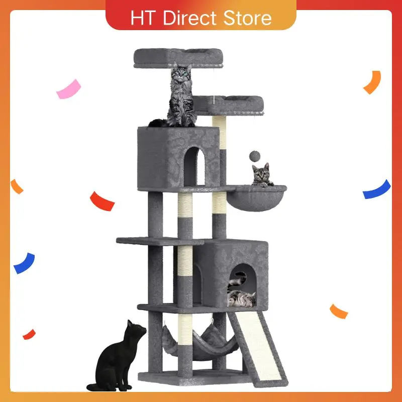 Tirette à gratter pour chat en chêne et thé, tour d'escalade de 158cm avec 7 piliers à gratter, 2 maisons et 2 hamacs pour chats domestiques