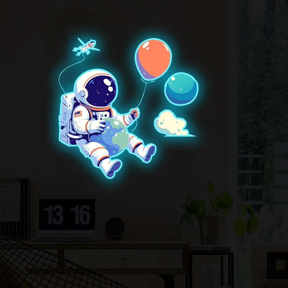 Cartoon Astronaut Balloon Luminous Wall Sticker Kids Room Background Decoration Decals Baby Bedroom Decor Glow In The Dark Mural