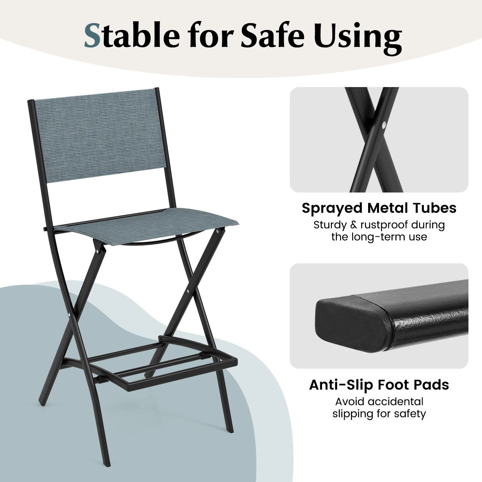 Set of 2 Outdoor Bar Stools, Folding Bar Chairs with Backrest and Footrest, Counter Stools up to 150 kg, Seat Height 71 cm