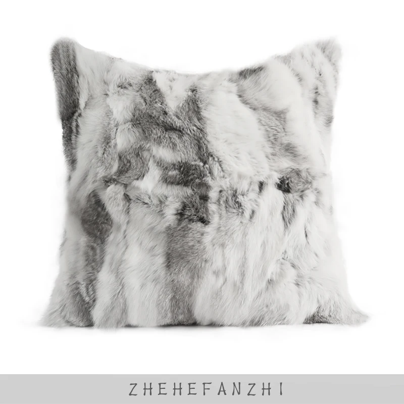 

Modern Minimalist Luxury Rabbit Fur Pillow Cushion Villa Model Room Living Room Sofa Square Pillow Beige Grey ZHFZ Home Decor