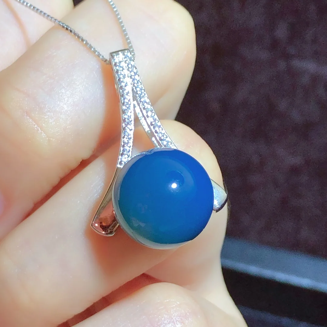 

12mm Natural Blue Amber Pendant Necklace, Unique Gift For Soulmate - Anniversary And Wedding