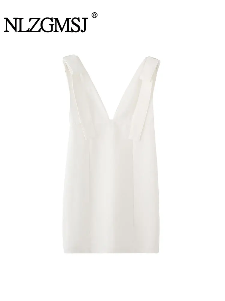 2025 Summer Chic Casual Women Dress Bow Cami Sleeveless Pleated Mini Vestidos New Fashion Holiday Dress