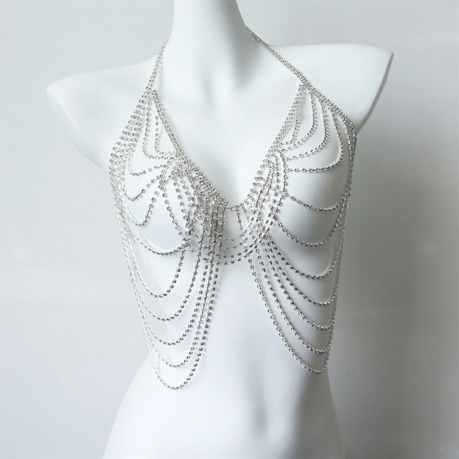 Silver Luxury Streamlined Zircon Chest Chain Beach Party Trendy Body Decoration Sexy Bra Body Chain Jewelry