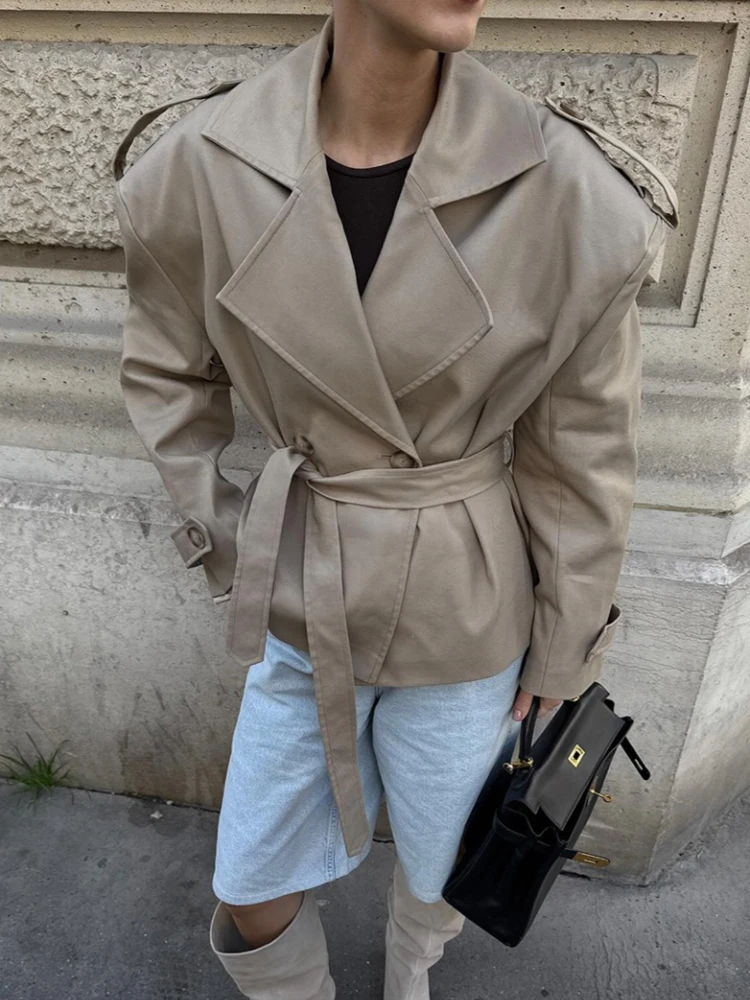 Vintage solide mince femmes coupe-vent col rabattu à manches longues à lacets taille cintrée vestes nouveau Chic dame manteaux haut