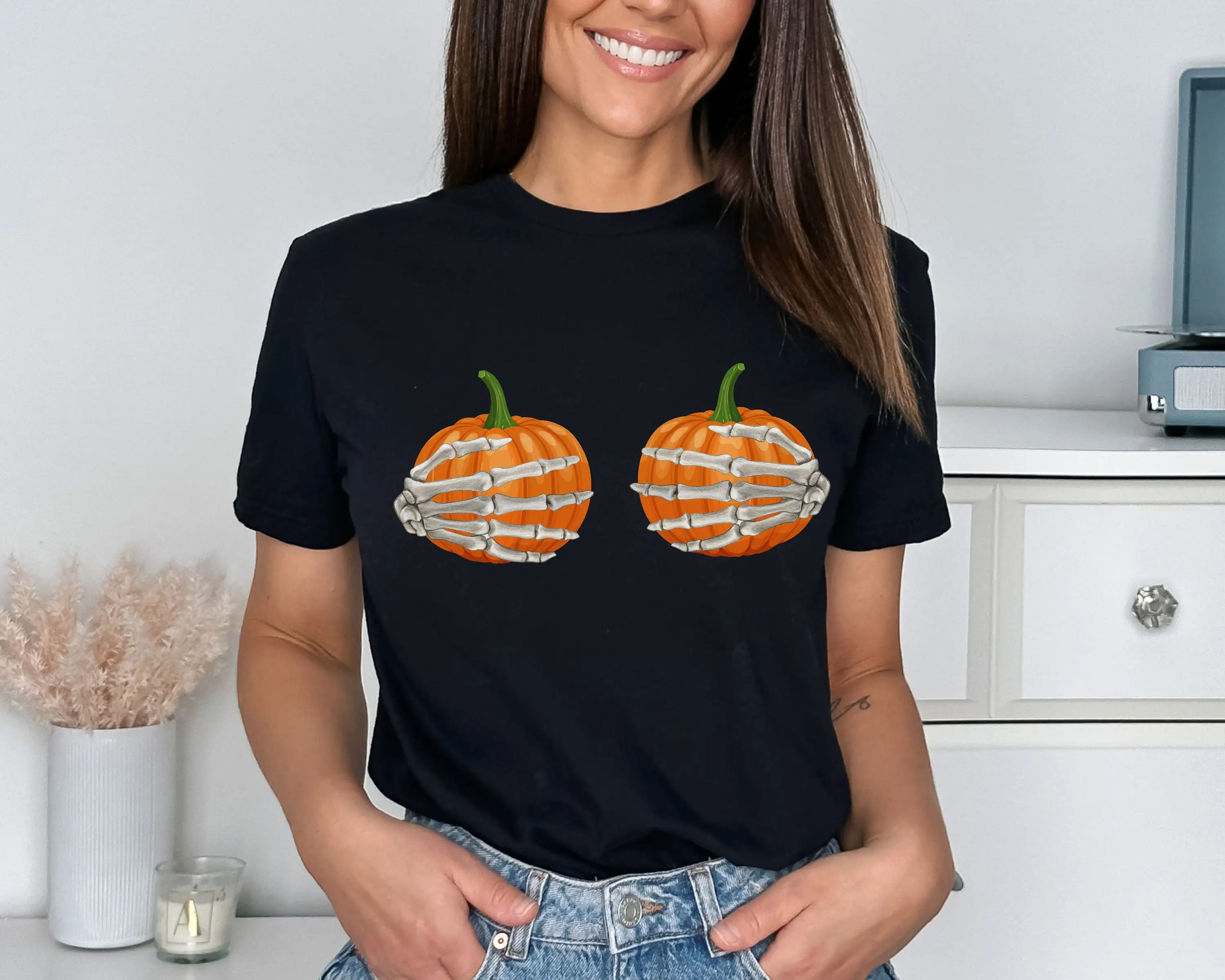 Hold My Pumpkins T Shirt Funny Halloween With Two Skeleton Hands Holding Gift Idea For