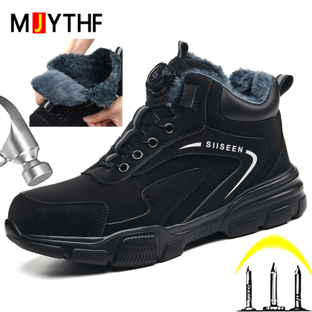 

New Rotating button Safety Shoes Men Winter boots Anti-smash Anti puncture Work Boots comfort warm Indestructible shoes Non-slip