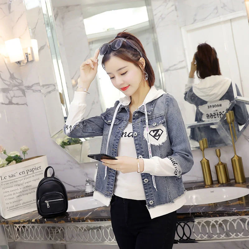 Denim Jacket Girls Spring Autumn Clothes 2022 New Korean Version Junior High School Students Fake Two Short Hooded Tops Women CH