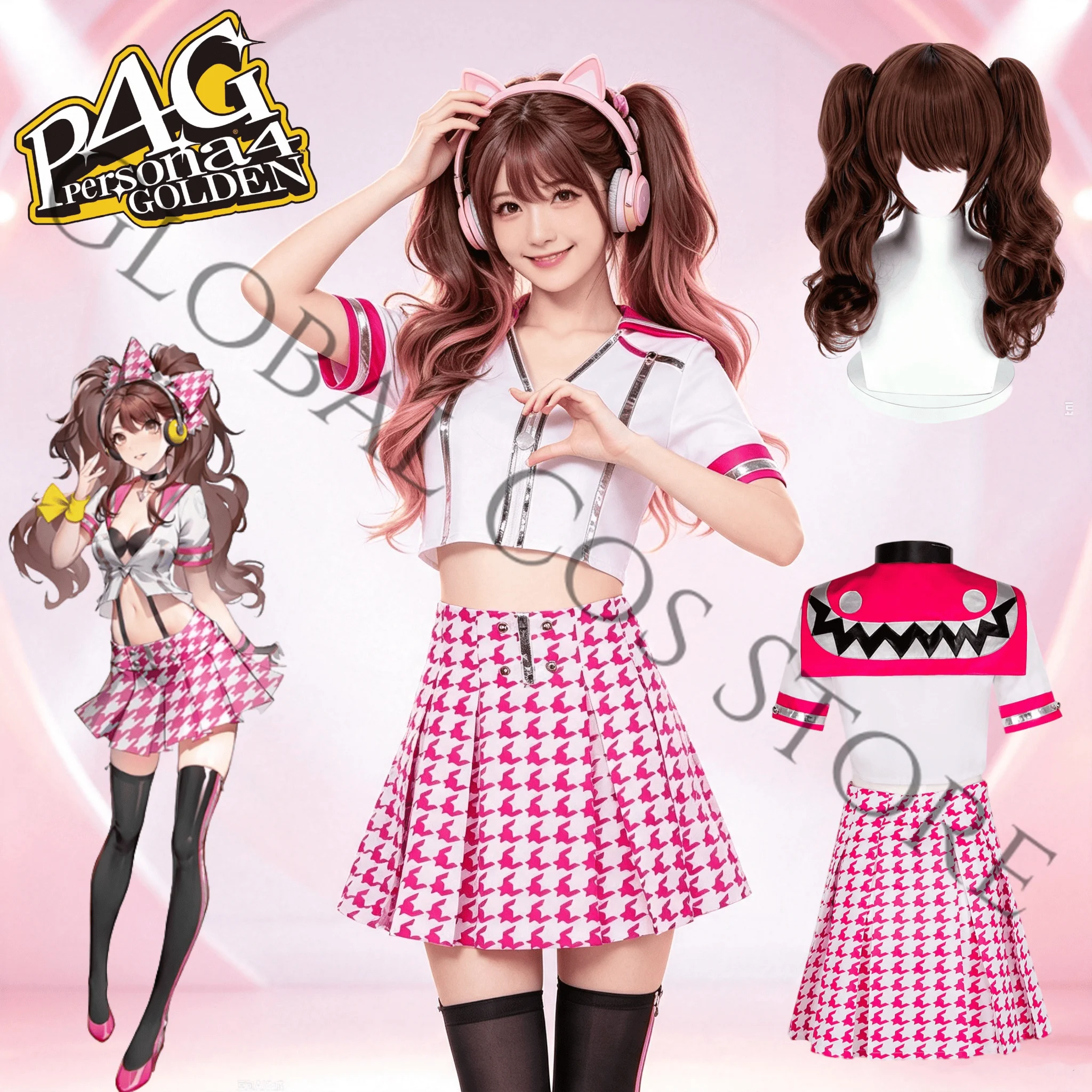 Disfraz de Cosplay Person 4 Rise Kujikawa con Peluca, Traje Rosa y Blanco con Estampado de Pata de Gallo, Top y Falda para Mujer, Disfraz Sexy para Halloween