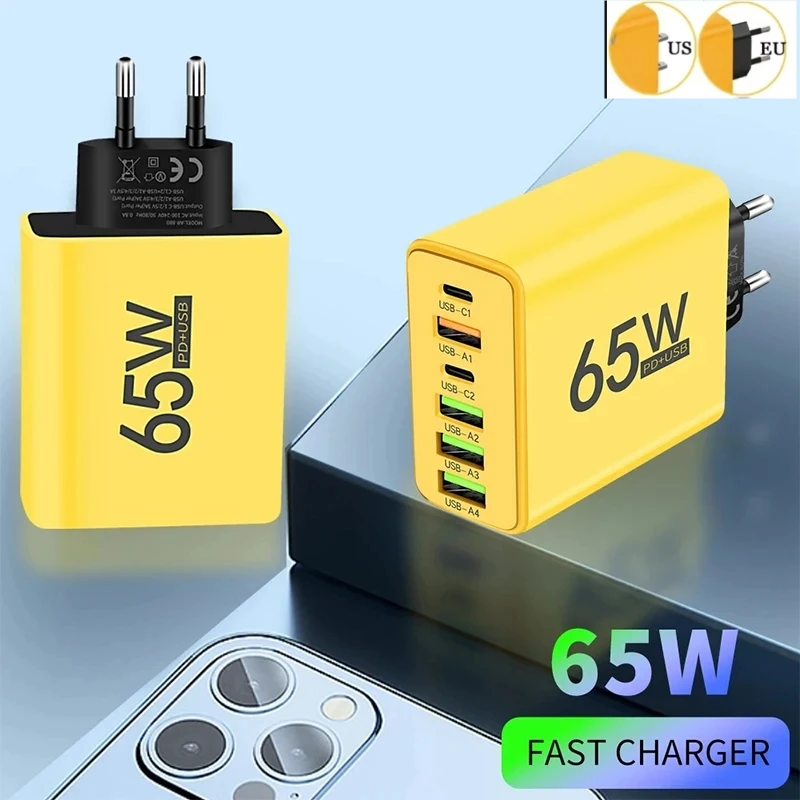 65W fast charging USB type C 6 port charger EU us PD 3.0 Quick Charge Wall for phone adapter for iPhone 15 Xiaomi Huawei Samsung