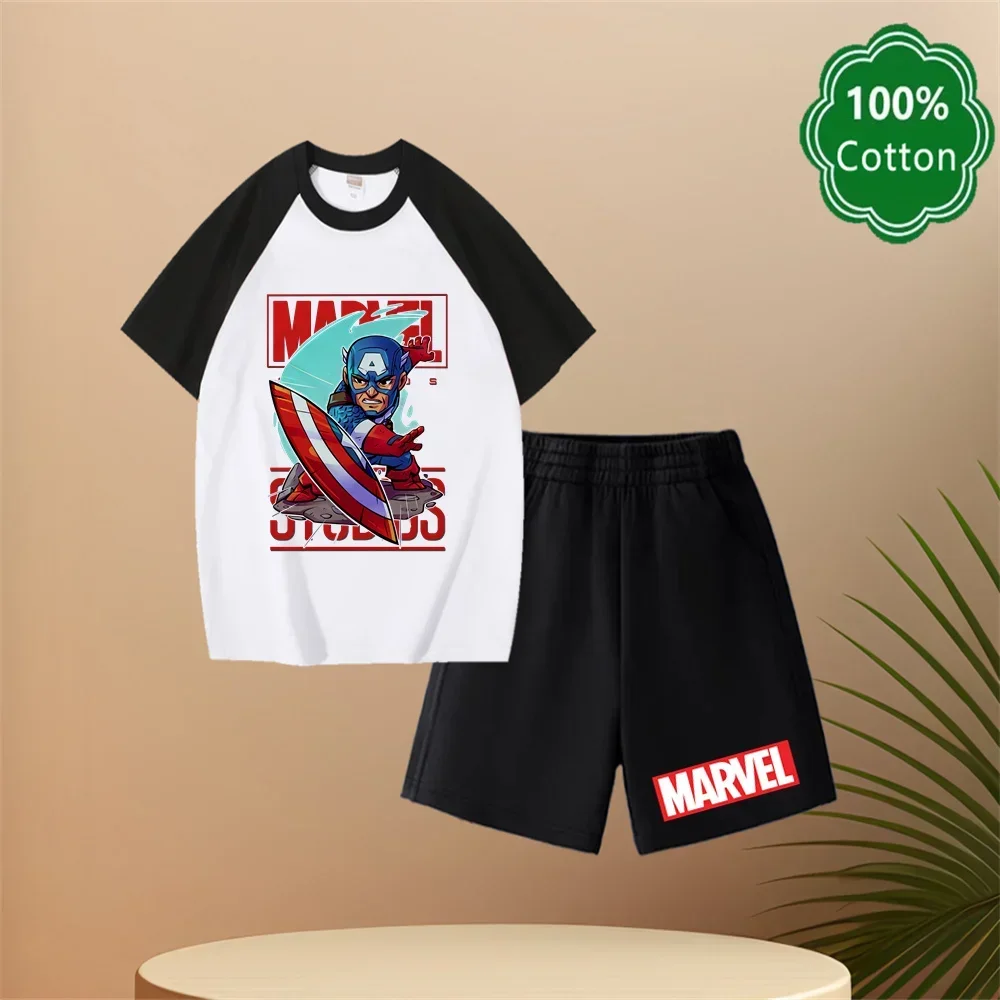 New Marvel Hero Captain America Anime Summer Fashion Children's Cartoon T-shirt Shorts Set Round Neck Short Sleeve Casual Top